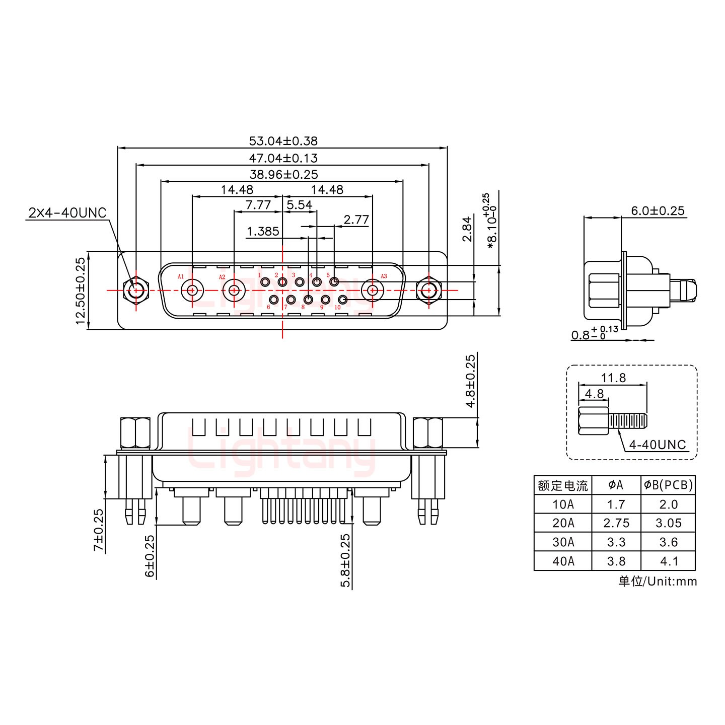 13W3公PCB直插板/铆鱼叉7.0/大电流40A