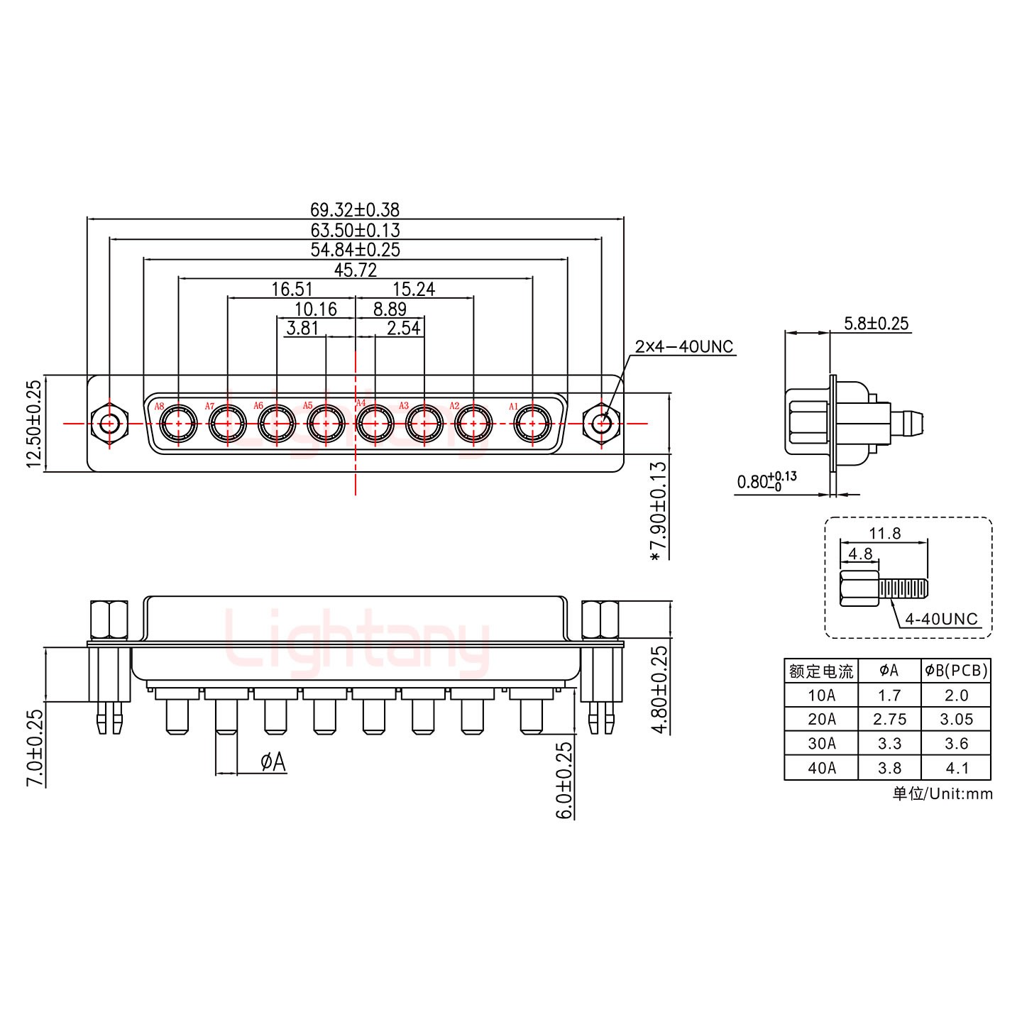 8W8母PCB直插板/铆鱼叉7.0/大电流40A