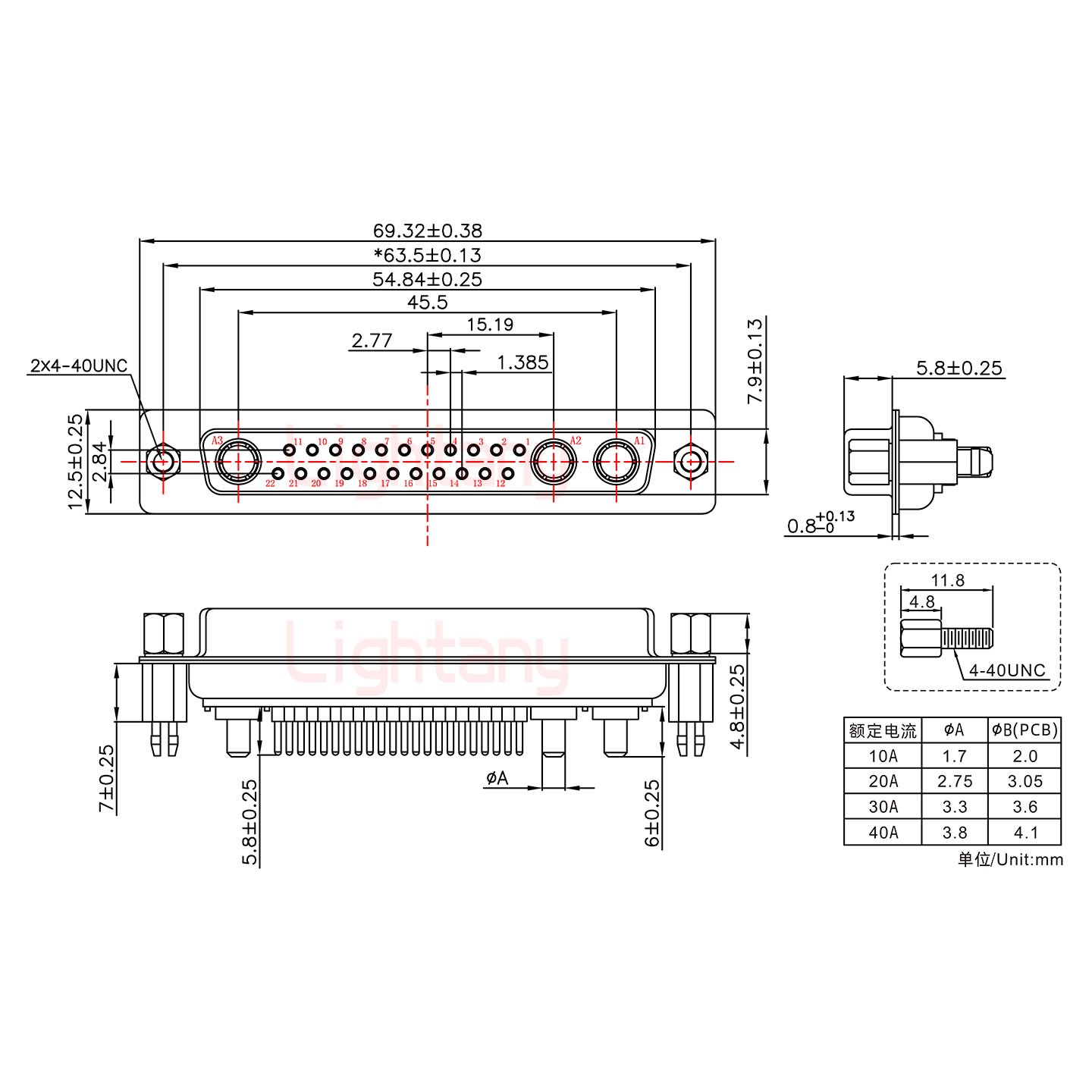 25W3母PCB直插板/铆鱼叉7.0/大电流10A