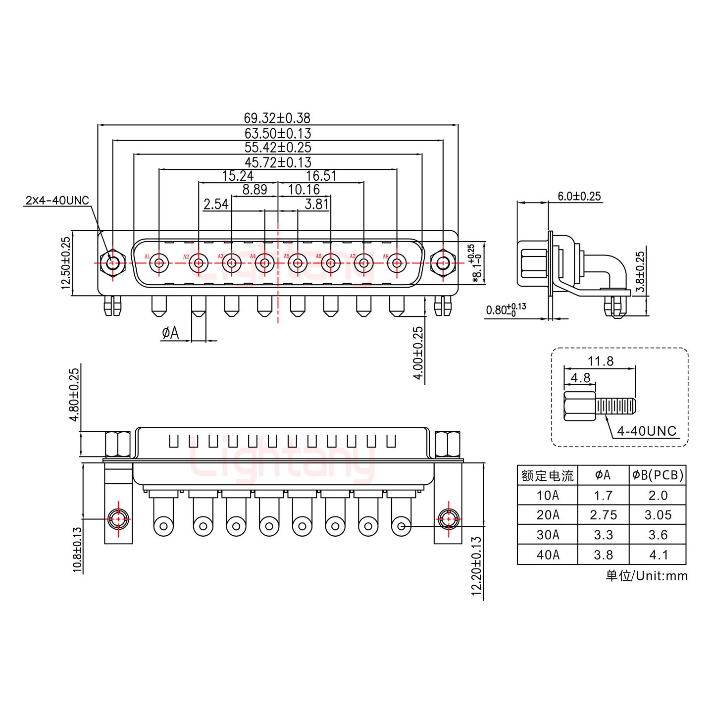 8W8公PCB弯插板/铆支架10.8/大电流10A