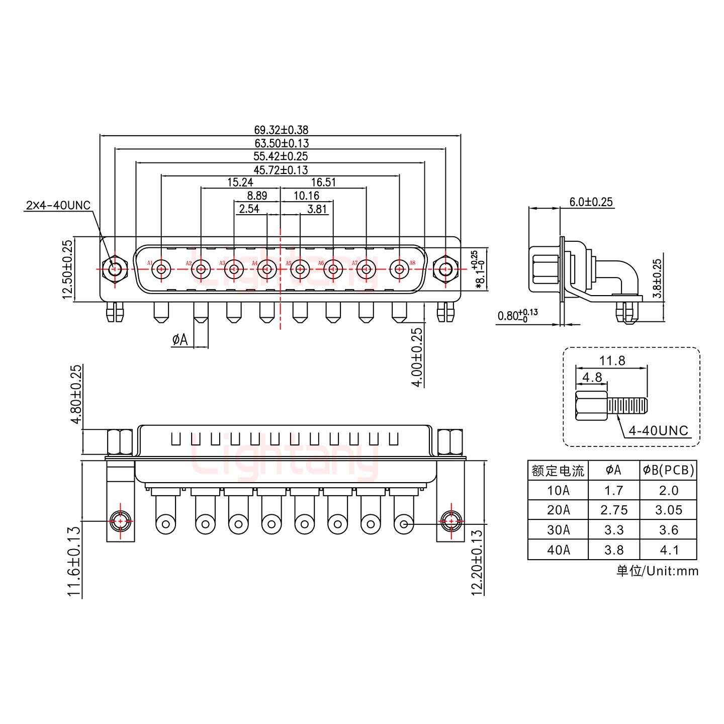 8W8公PCB弯插板/铆支架11.6/大电流40A