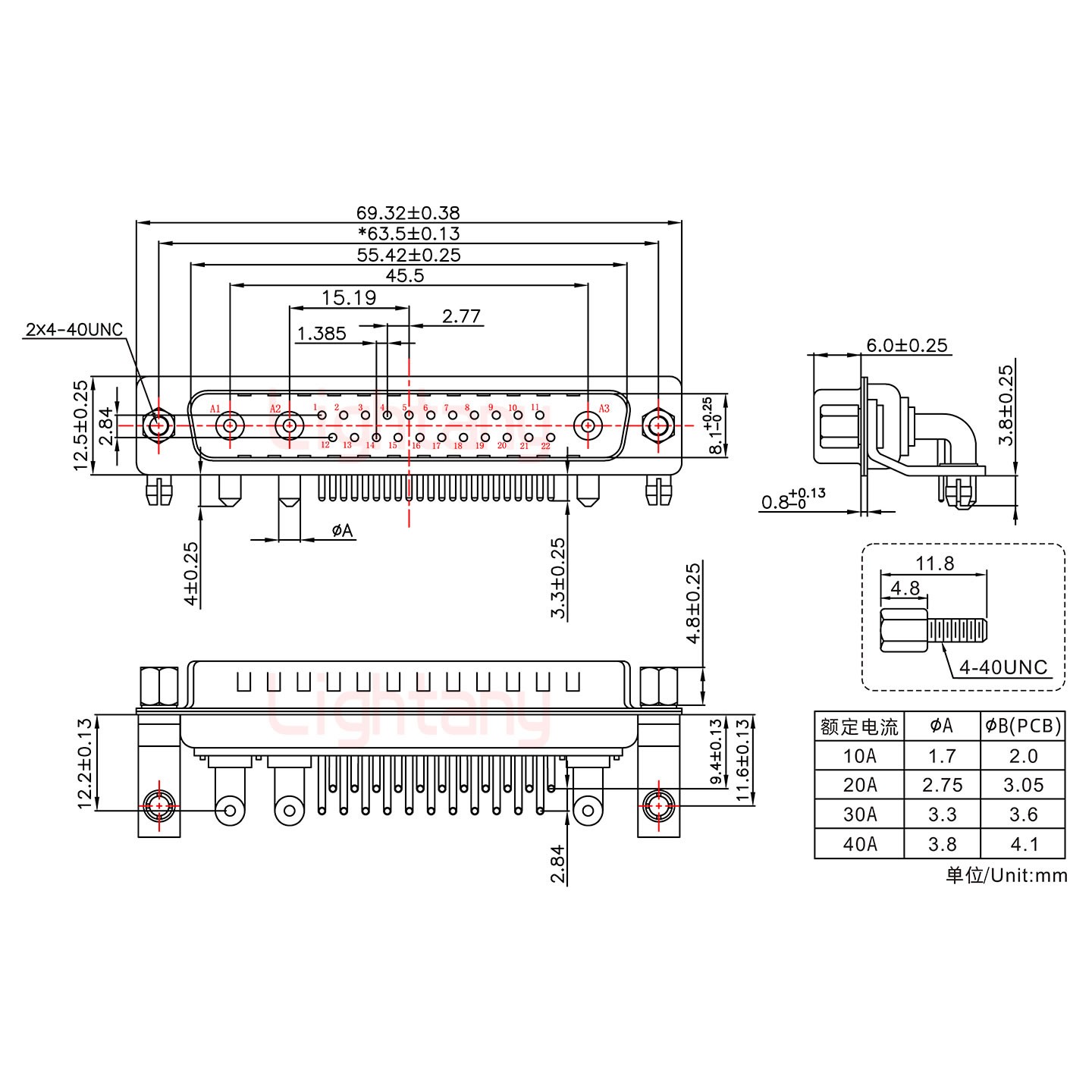 25W3公PCB弯插板/铆支架11.6/大电流20A