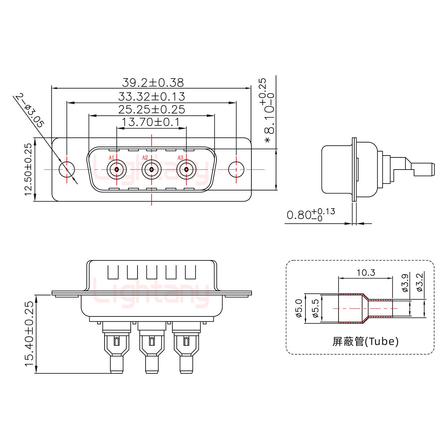 3W3公焊线式75欧姆+15P金属外壳1443弯出线4~12mm