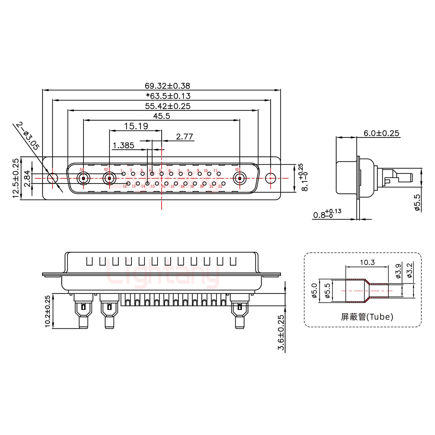 25W3公焊线式75欧姆+37P金属外壳951弯出线4~12mm