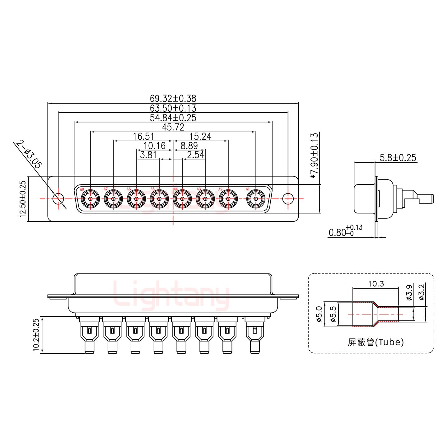 8W8母焊线式75欧姆+37P金属外壳2185直出线4~12mm