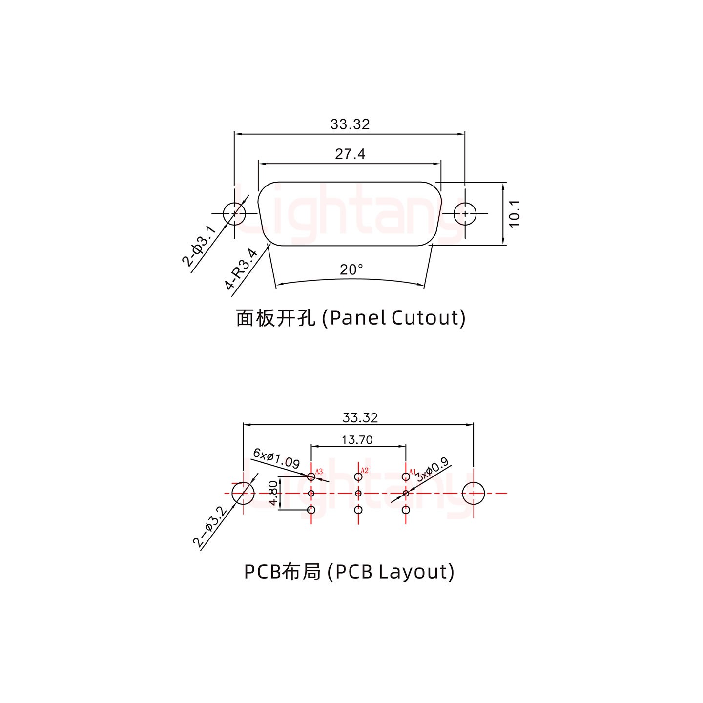 3W3母PCB直插板/铆鱼叉7.0/射频同轴50欧姆