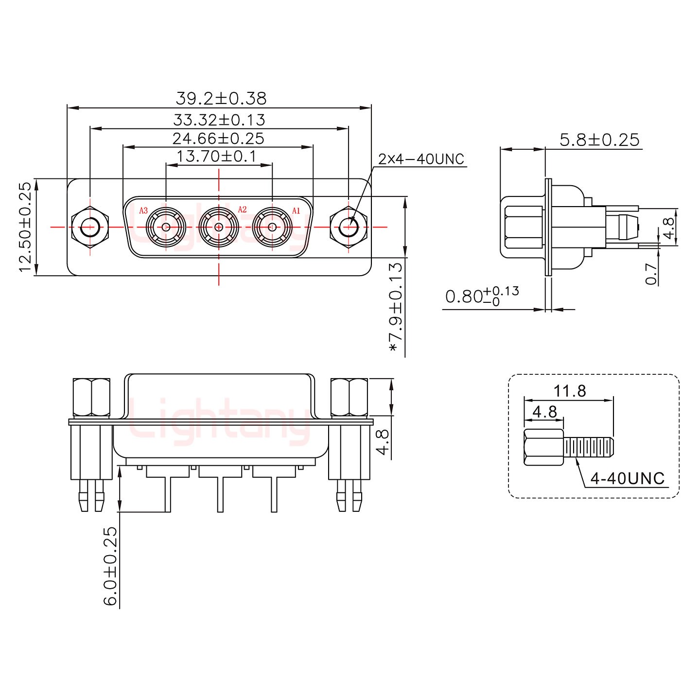 3W3母PCB直插板/铆鱼叉7.0/射频同轴50欧姆