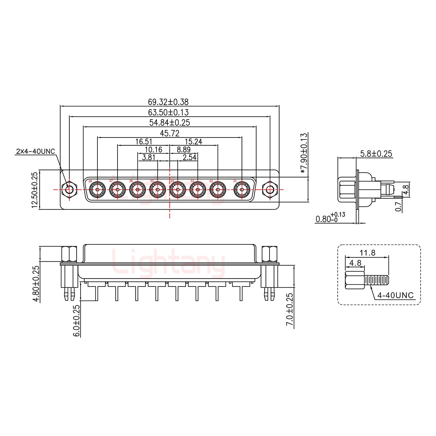 8W8母PCB直插板/铆鱼叉7.0/射频同轴75欧姆