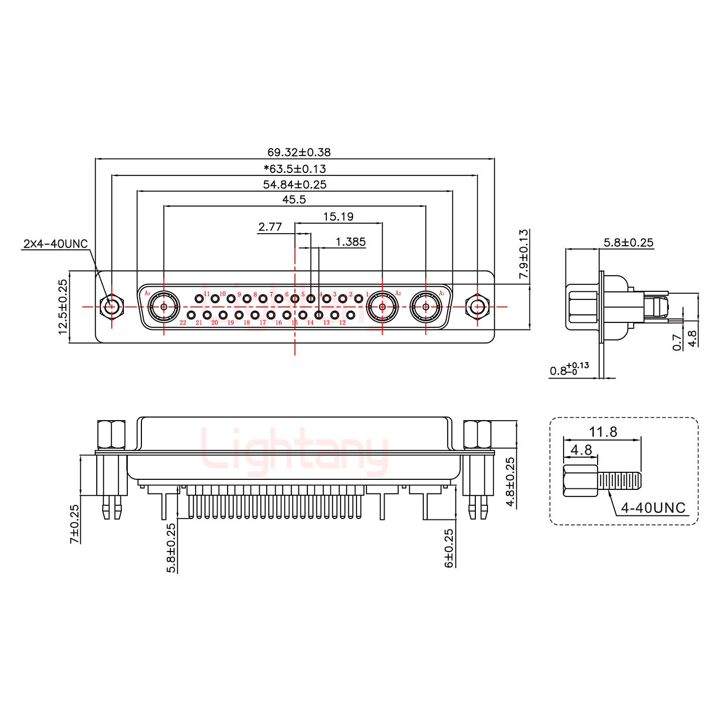 25W3母PCB直插板/铆鱼叉7.0/射频同轴50欧姆