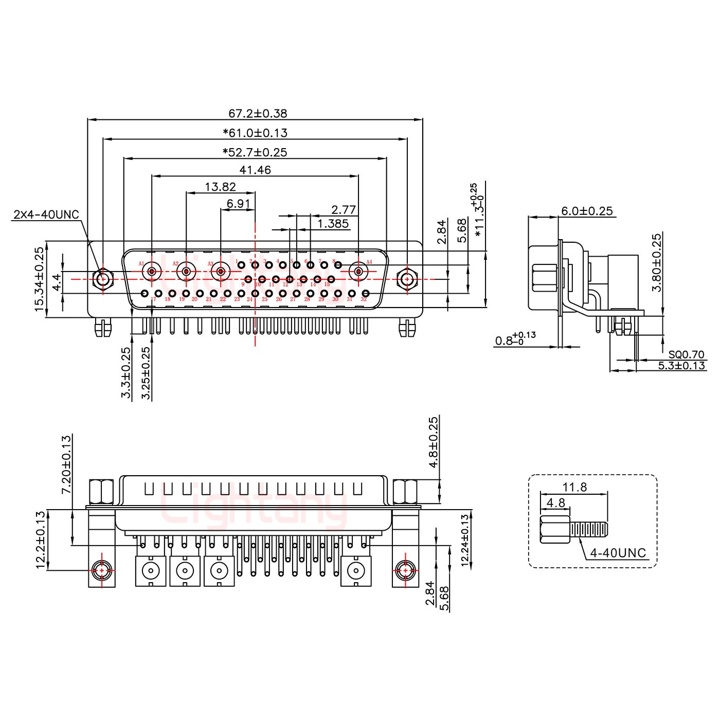 36W4公PCB弯插板/铆支架12.2/射频同轴50欧姆