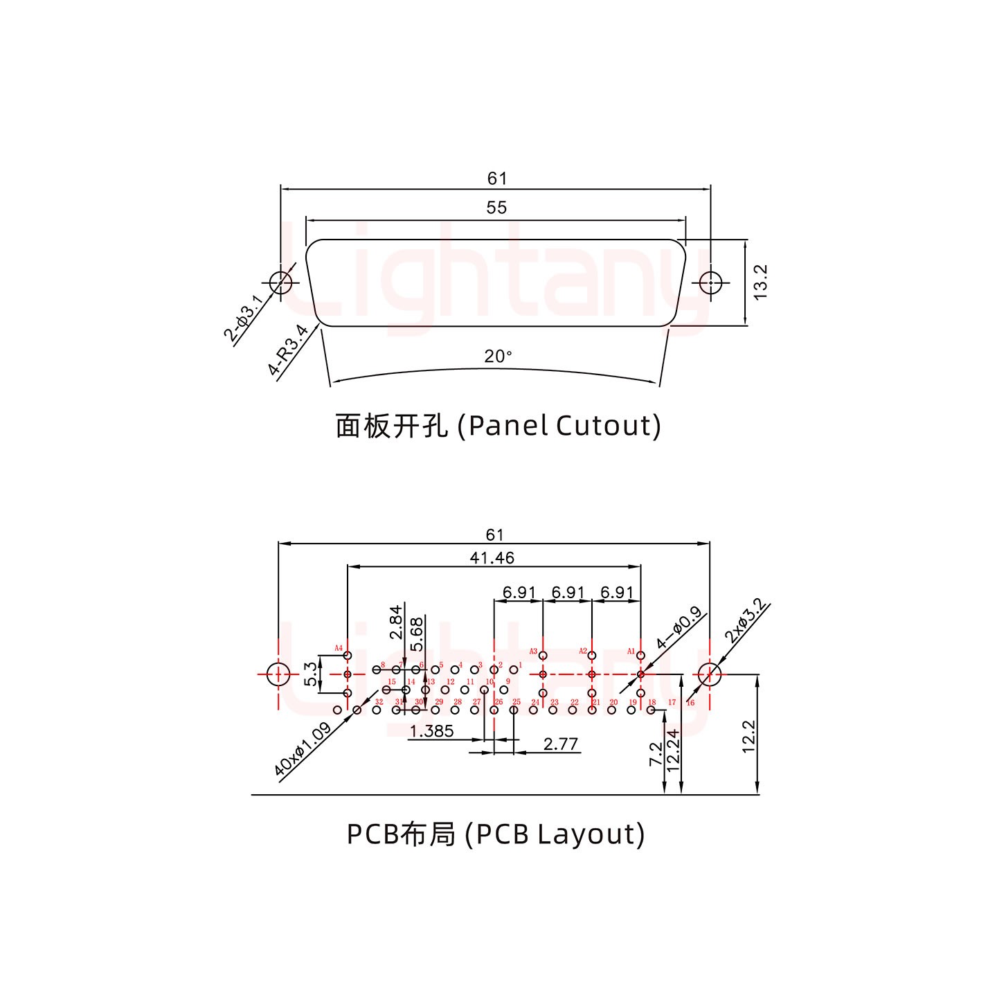 36W4母PCB弯插板/铆支架12.2/射频同轴75欧姆