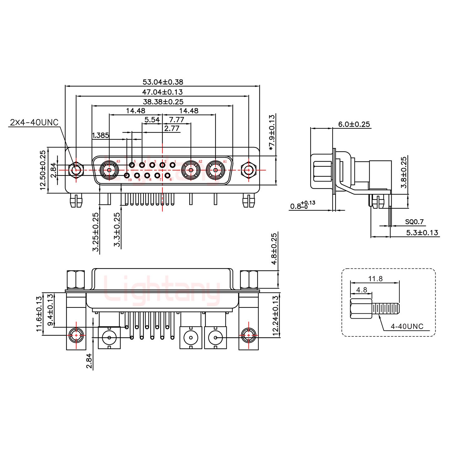 13W3母PCB弯插板/铆支架11.6/射频同轴50欧姆