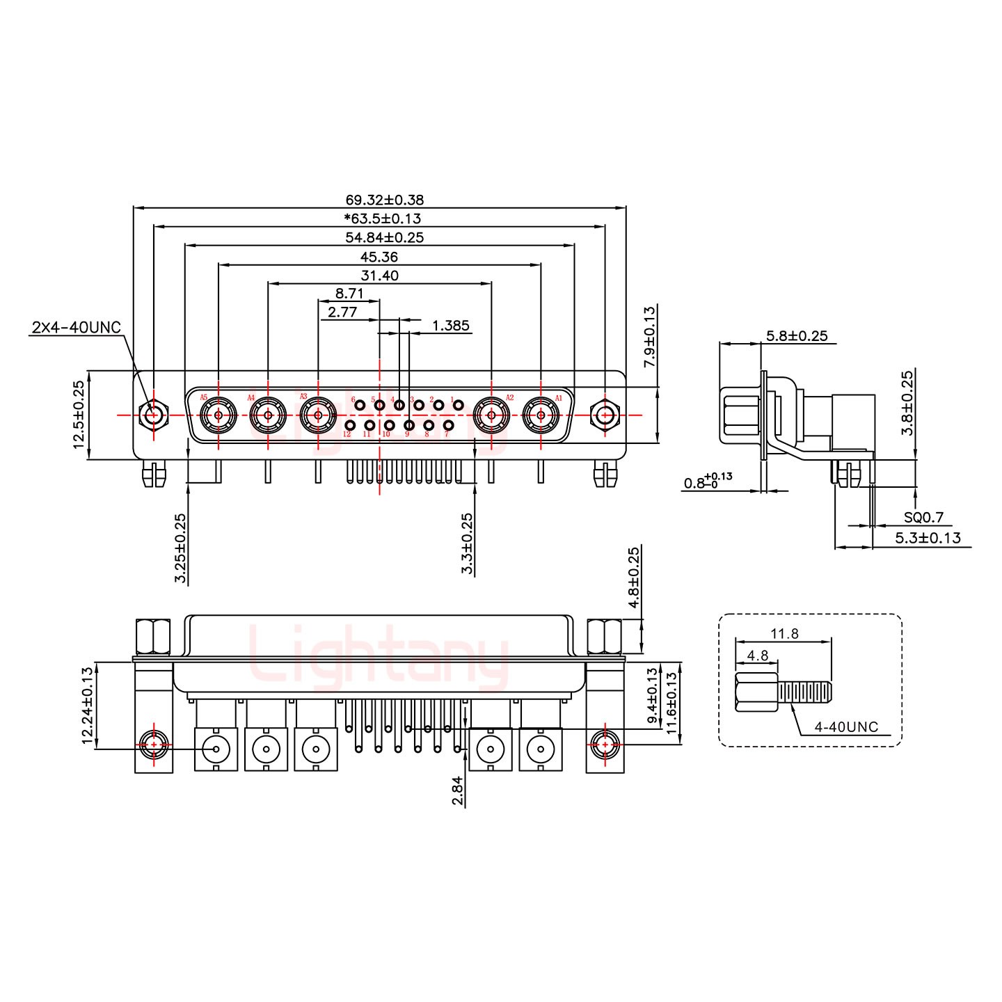 17W5母PCB弯插板/铆支架11.6/射频同轴50欧姆