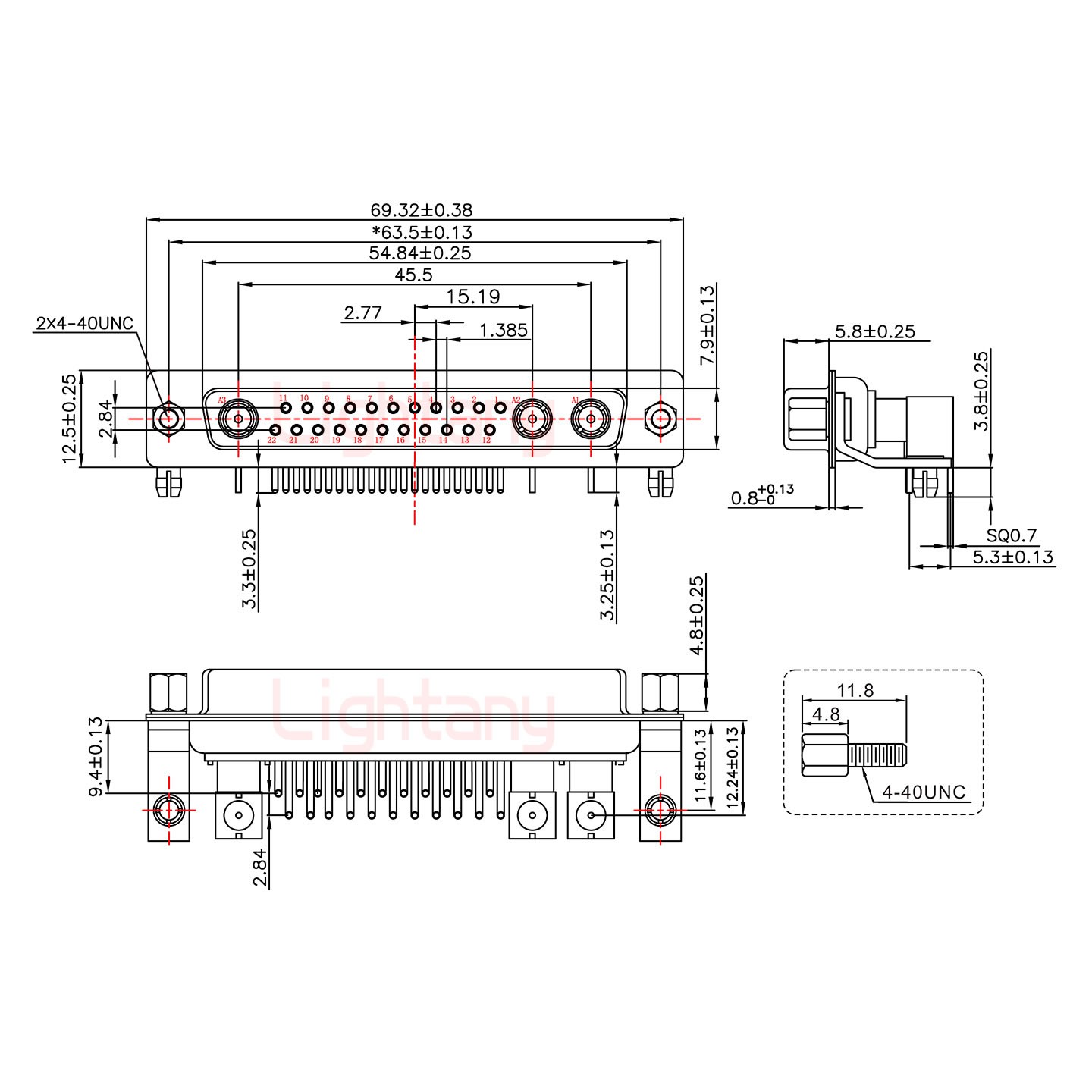 25W3母PCB弯插板/铆支架11.6/射频同轴50欧姆