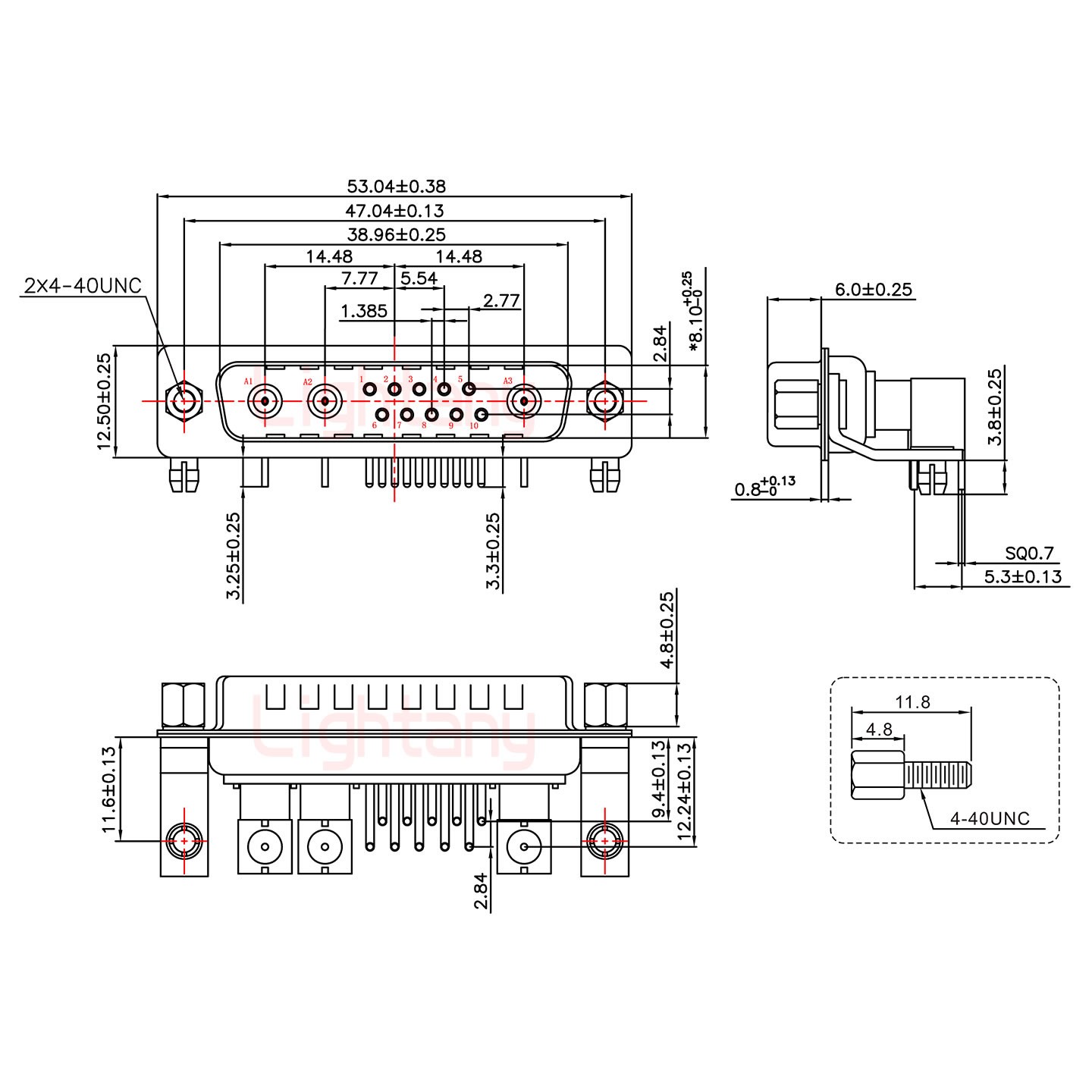 13W3公PCB弯插板/铆支架11.6/射频同轴50欧姆