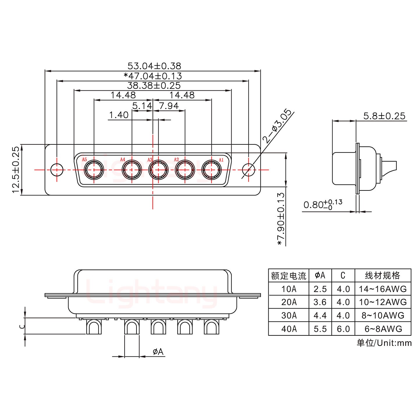 5W5母短体焊线/光孔/大电流20A