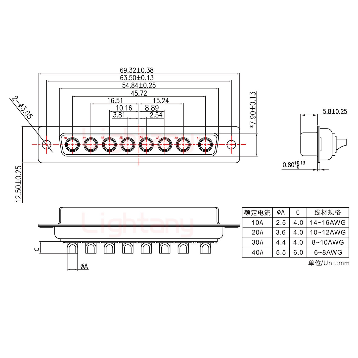 8W8母短体焊线/光孔/大电流40A