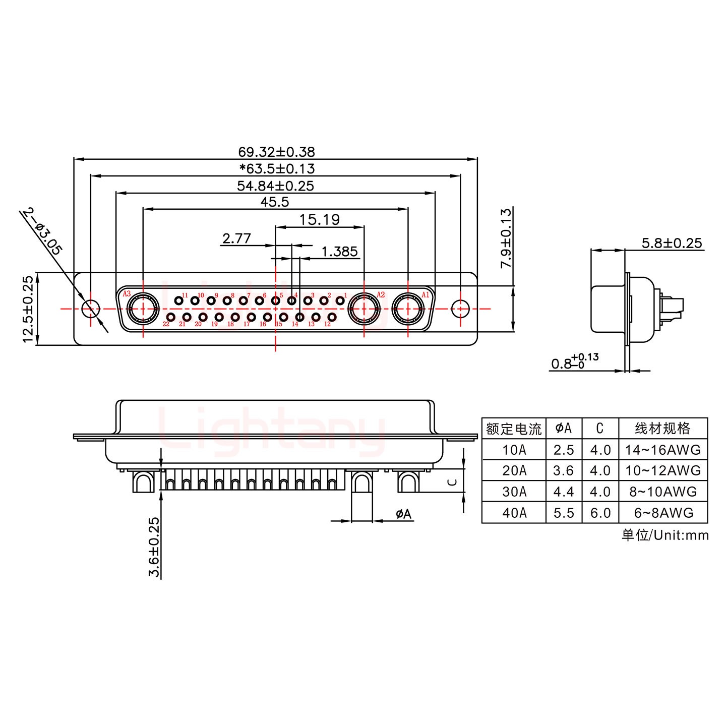 25W3母短体焊线/光孔/大电流20A