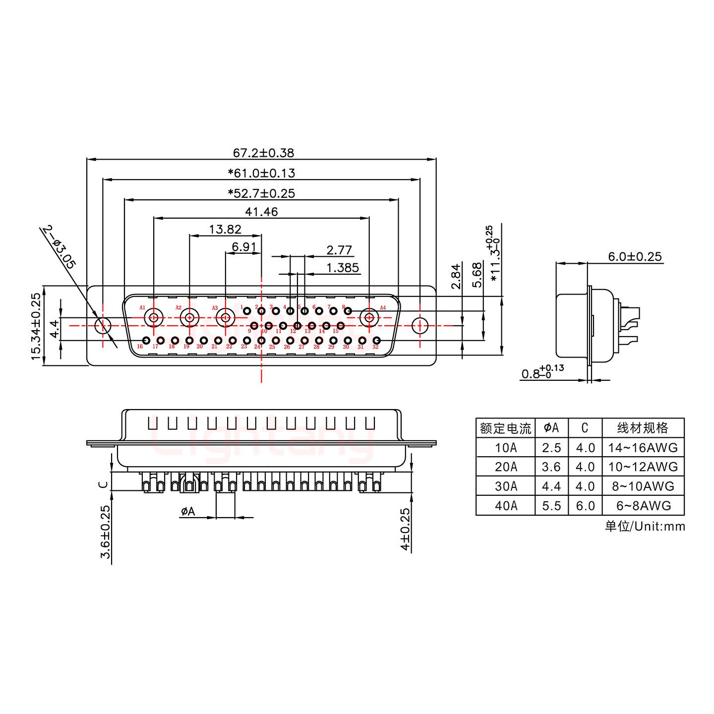 36W4公短体焊线40A+50P金属外壳1746斜出线4~12mm