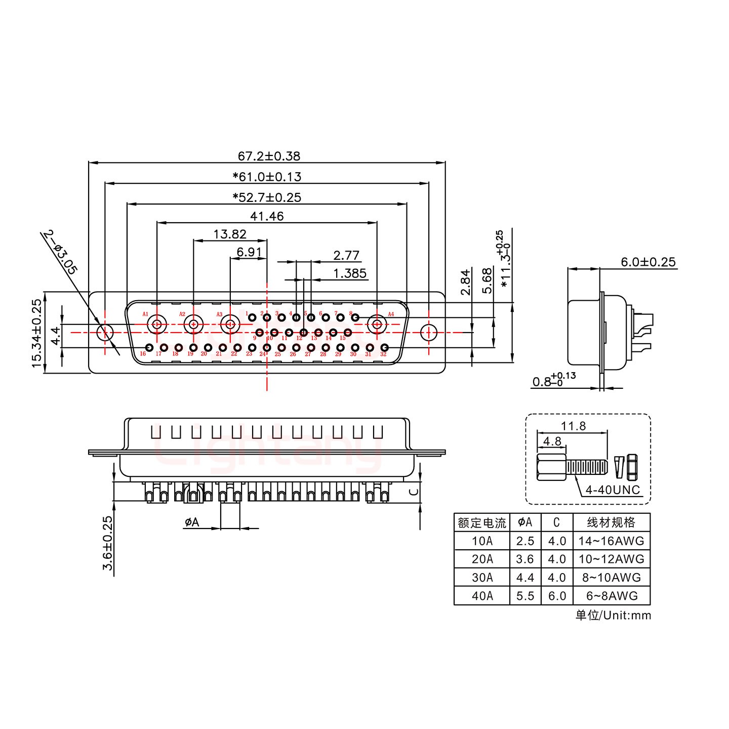 36W4公短体焊线/配螺丝螺母/大电流10A