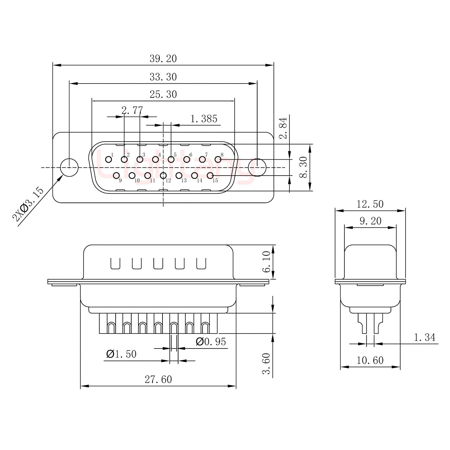 DB15公焊线+金属外壳1664直出线4~12mm