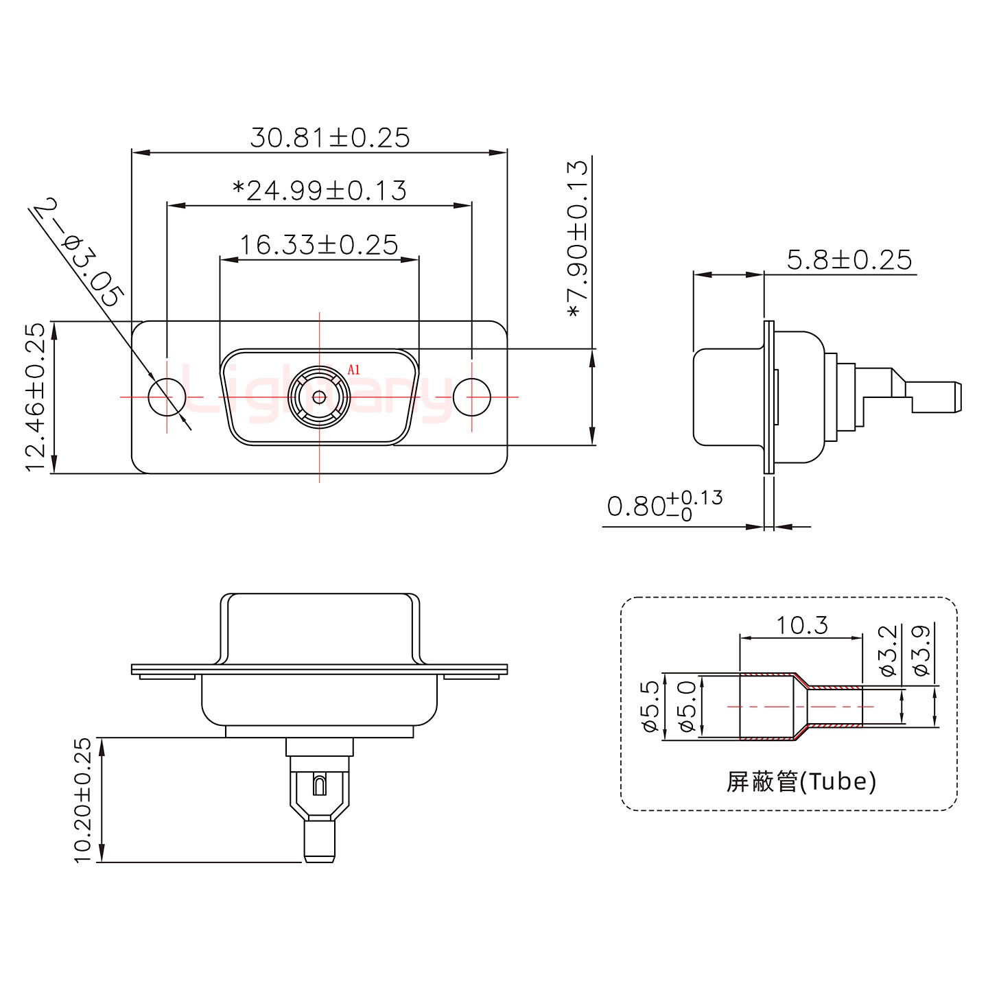 1W1母焊线式50欧姆+9P金属外壳1392斜出线4~12mm