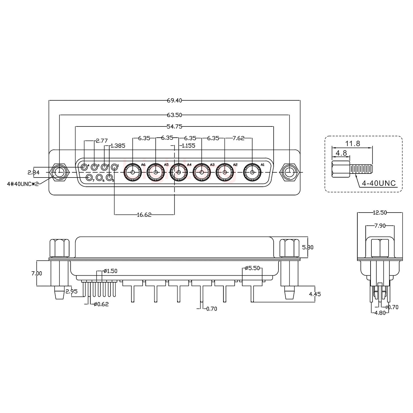 13W6B公PCB直插板/铆鱼叉7.0/射频同轴50欧姆