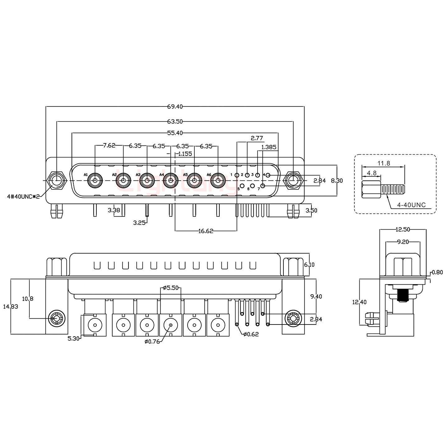 13W6B公PCB弯插板/铆支架10.8/射频同轴50欧姆