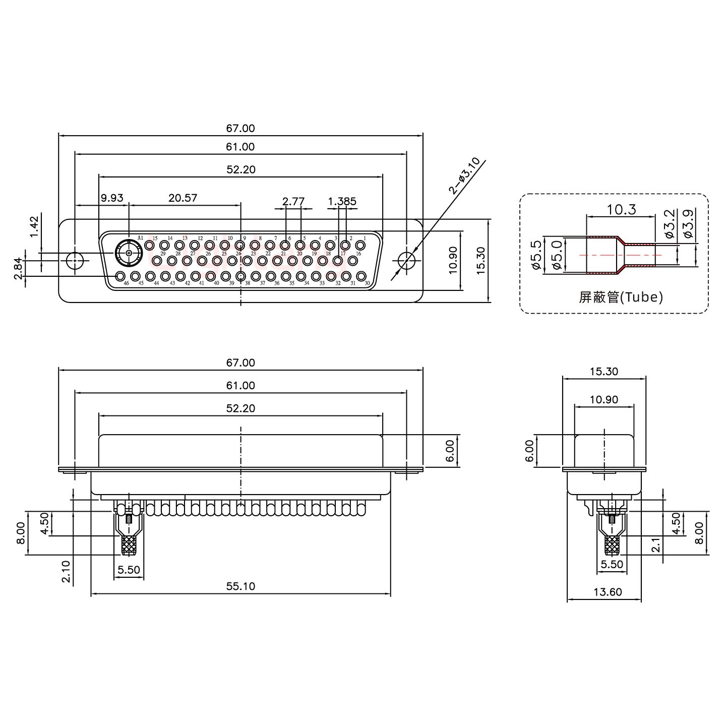 47W1母焊线式75欧姆+50P金属外壳1745弯出线4~12mm