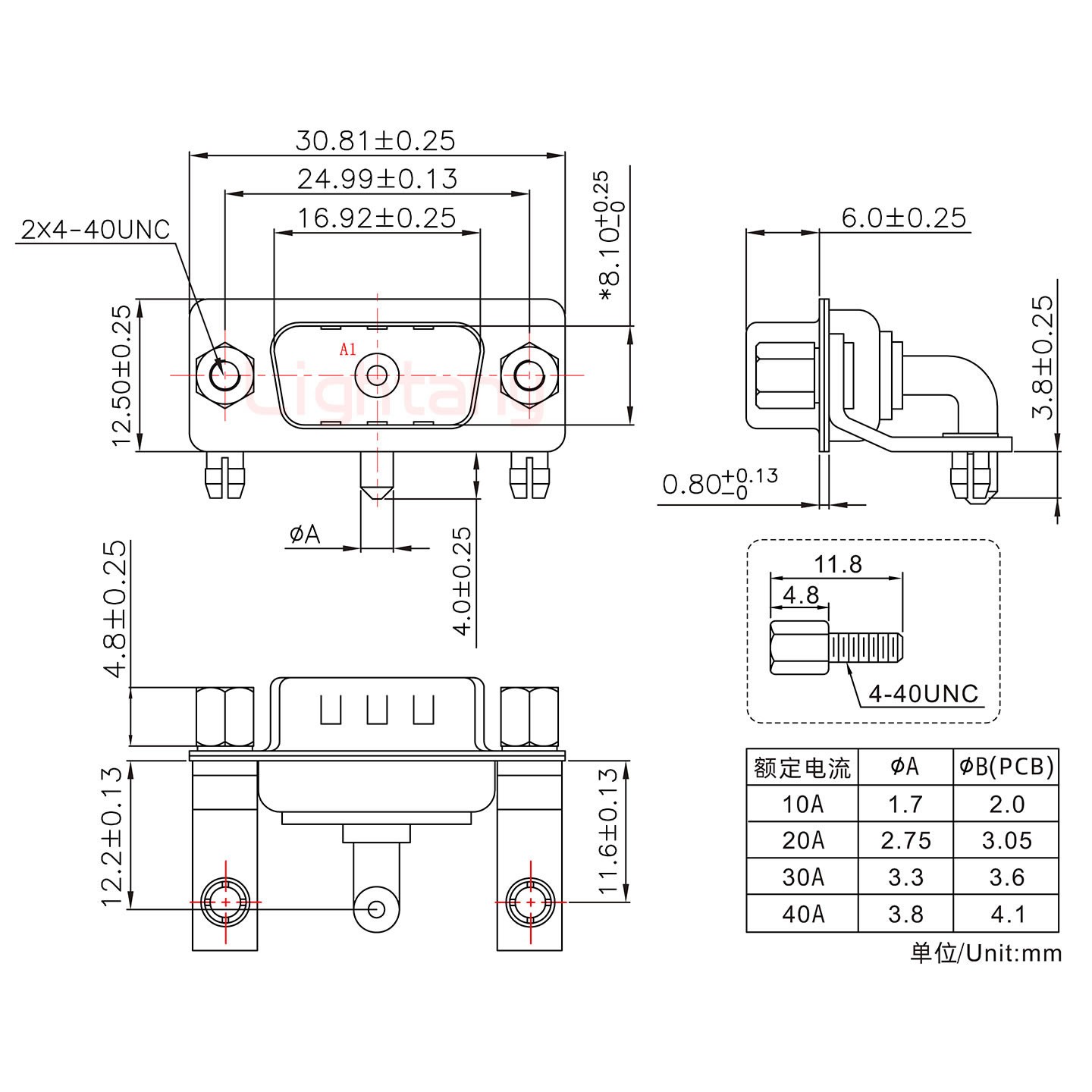 1W1公PCB弯插板/铆支架10.8/大电流40A