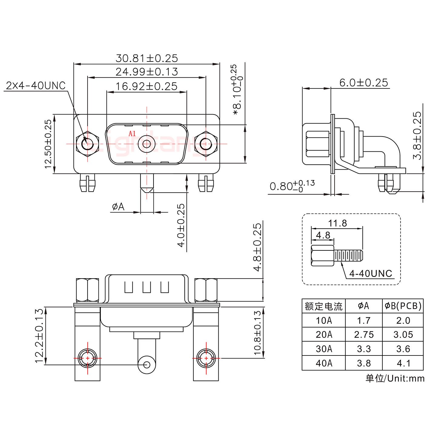 1W1公PCB弯插板/铆支架10.8/大电流30A