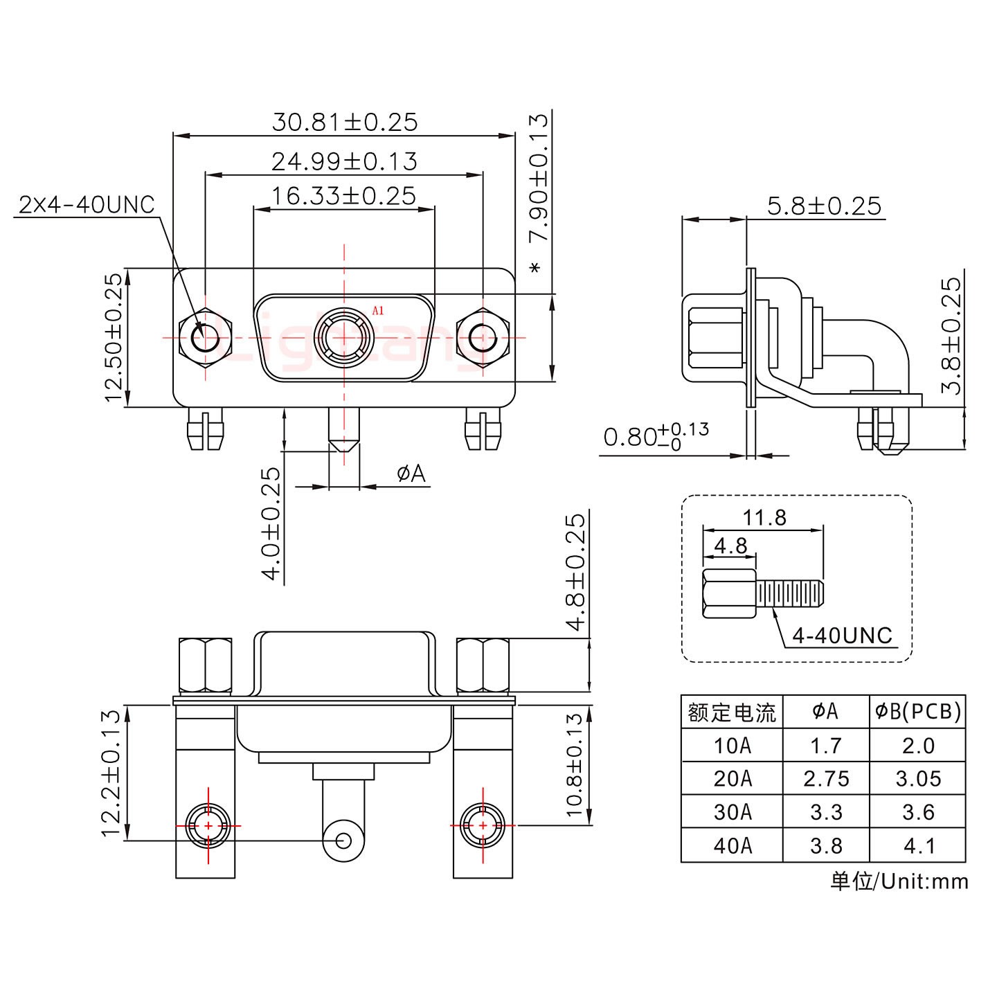 1W1母PCB弯插板/铆支架10.8/大电流20A