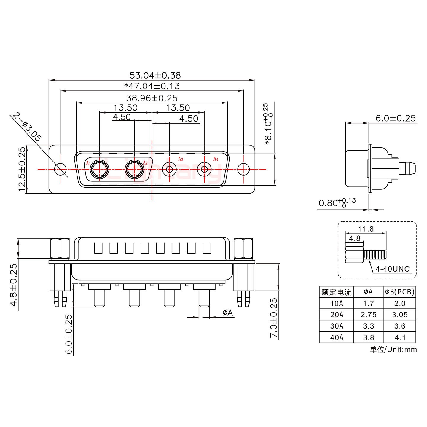 4V4公PCB直插板/铆支架6.0/大电流20A