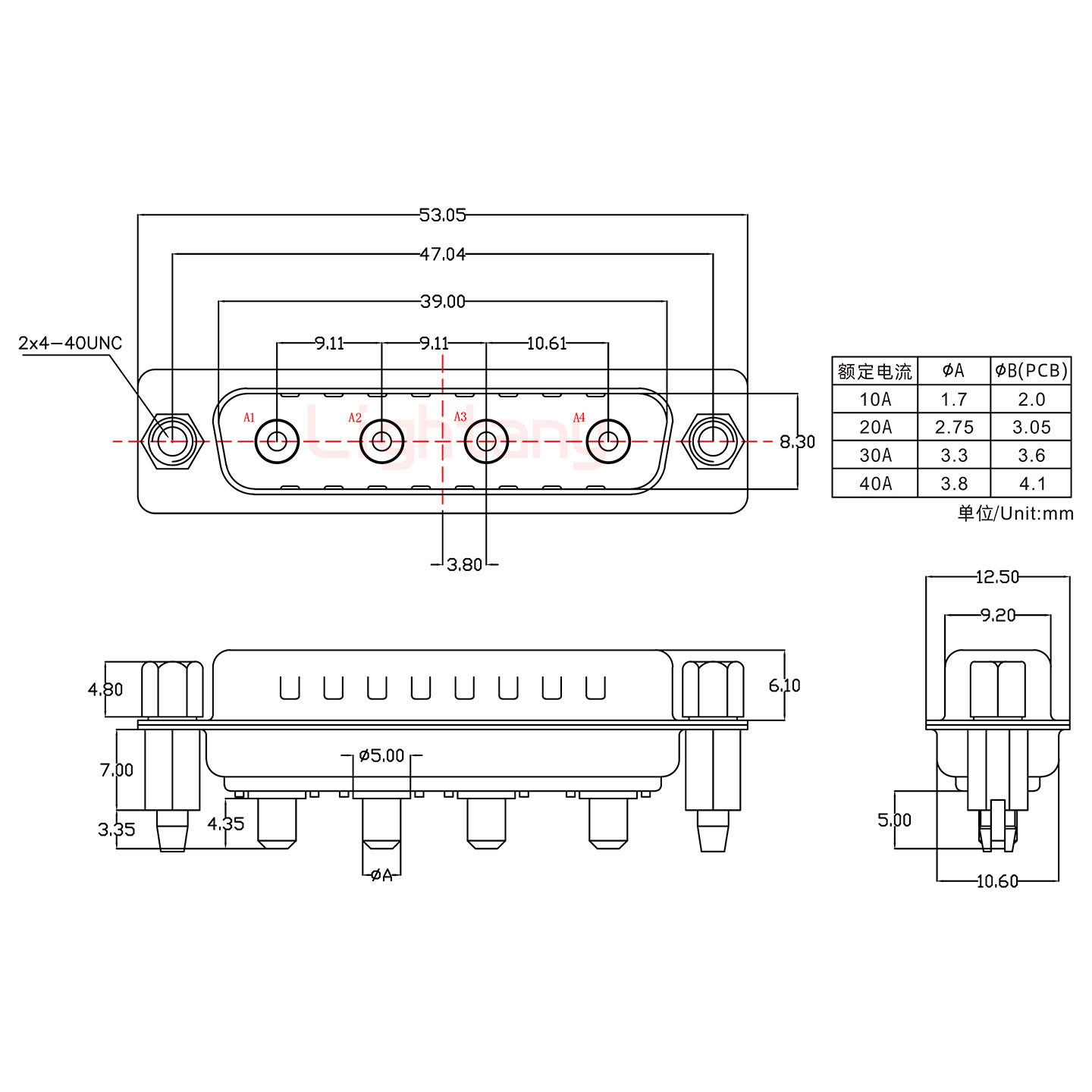 4W4公PCB直插板/铆鱼叉7.0/大电流20A