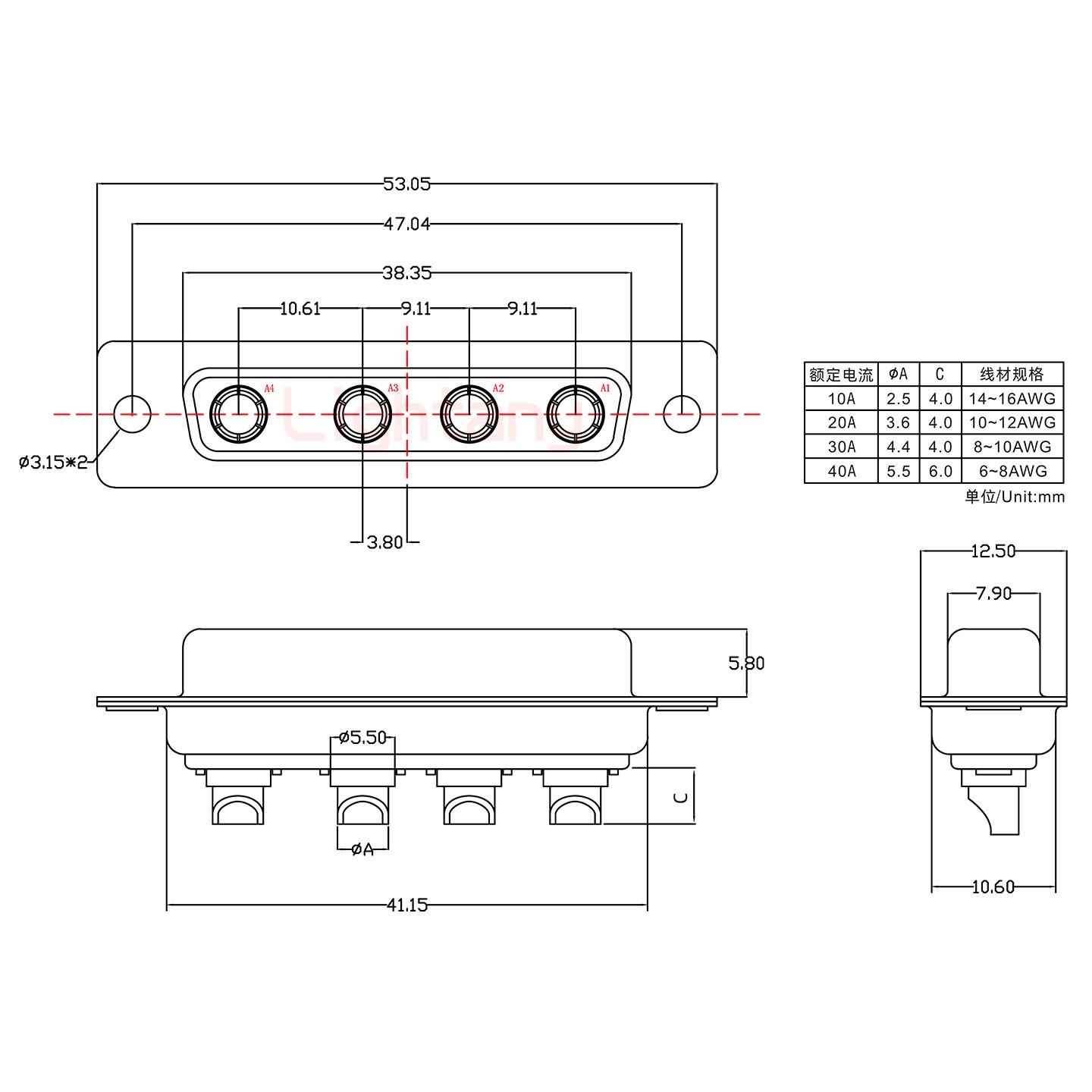 4W4母短体焊线40A+25P金属外壳592斜出线4~12mm