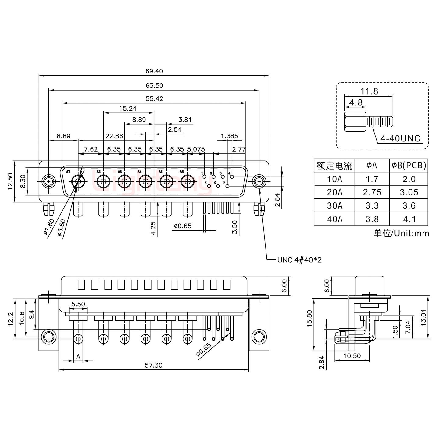 13W6B公PCB弯插板/铆支架10.8/大电流40A