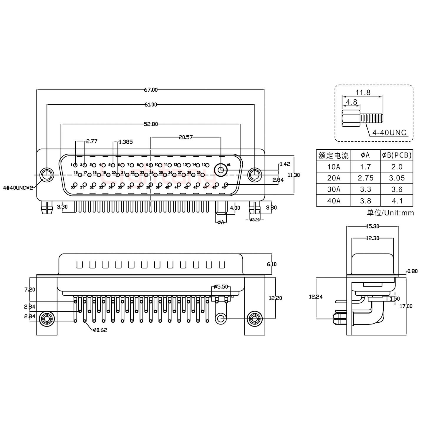 47W1公PCB弯插板/铆支架12.2/大电流40A