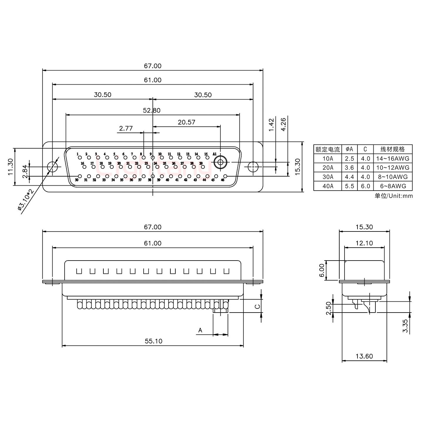 47W1公短体焊线30A+50P金属外壳2252三个出线孔12mm