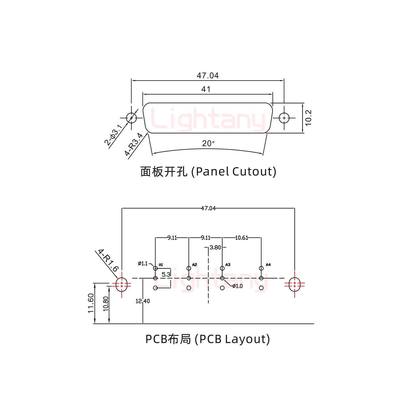 4W4公PCB弯插板/铆支架11.6/射频同轴50欧姆