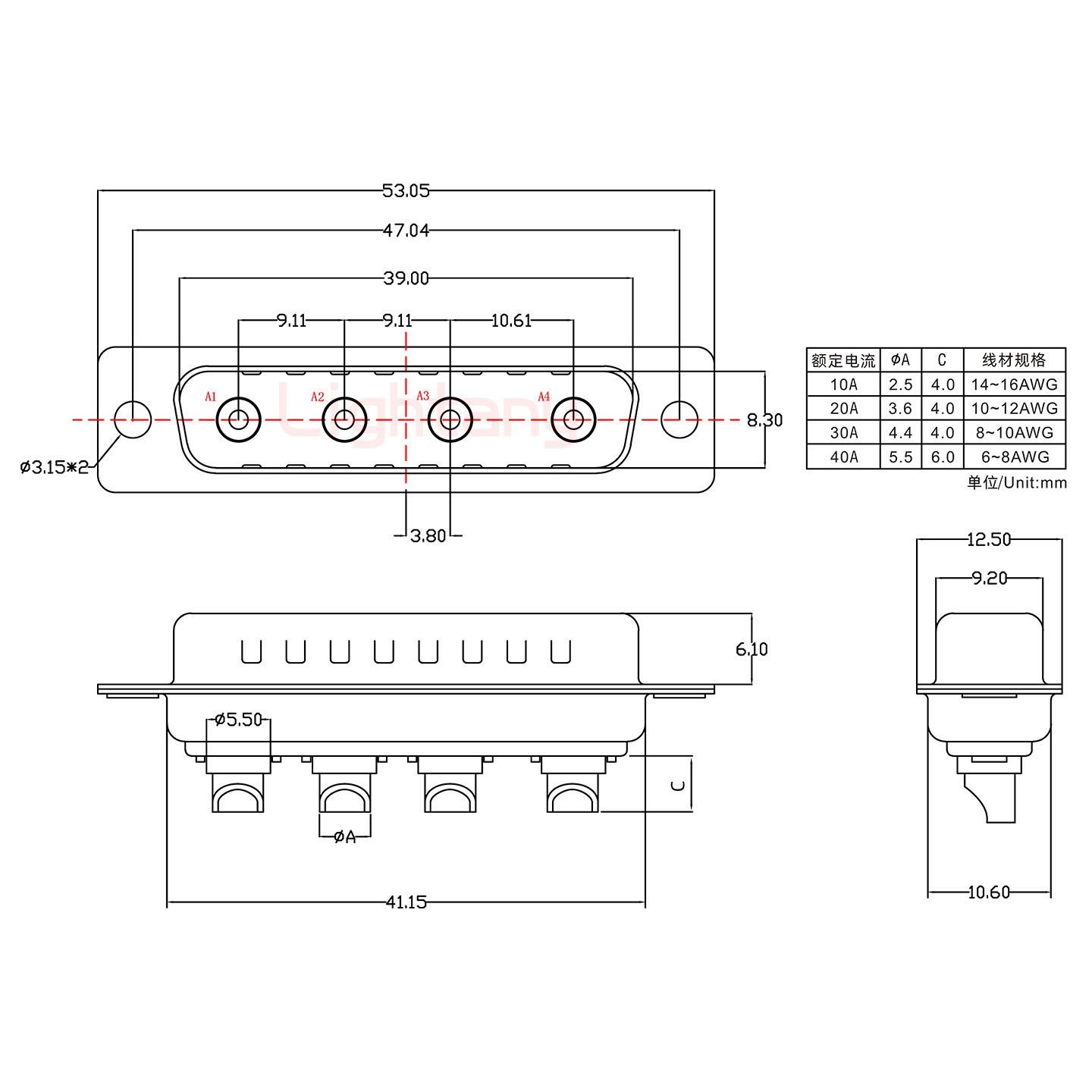 4W4公短体焊线20A+25P金属外壳1015弯出线4~12mm