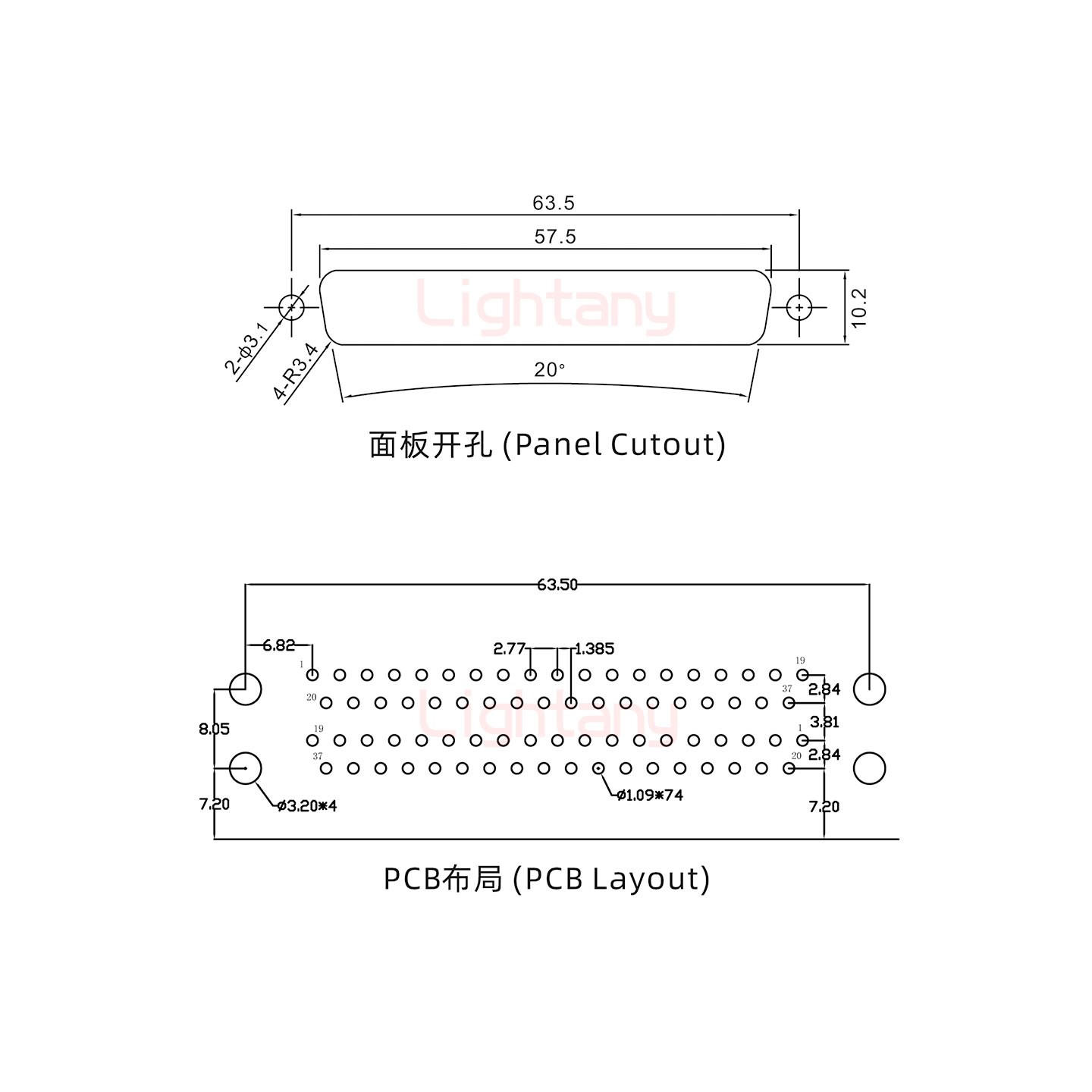 DR37 上公下母 间距19.05车针双胞胎 D-SUB连接器