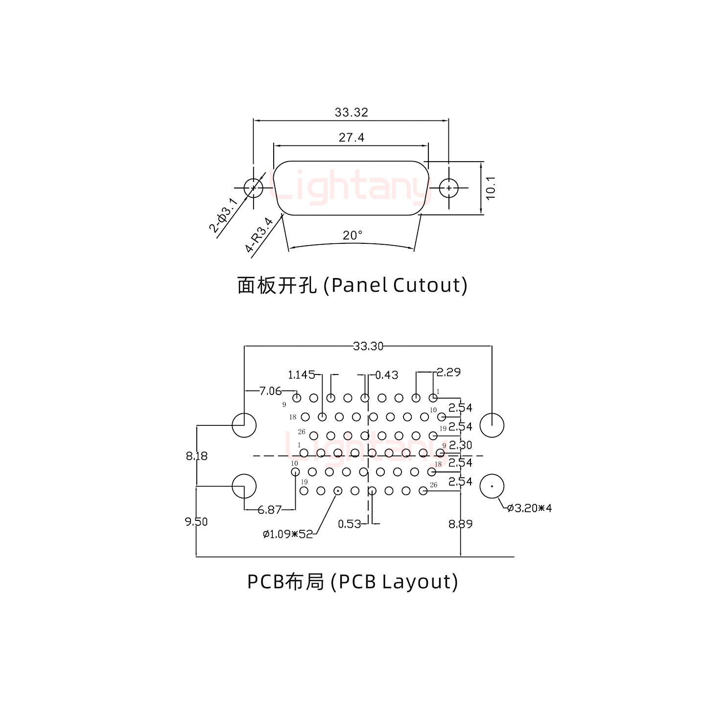 HDR26 上母下公间距19.05车针双胞胎 D-SUB连接器