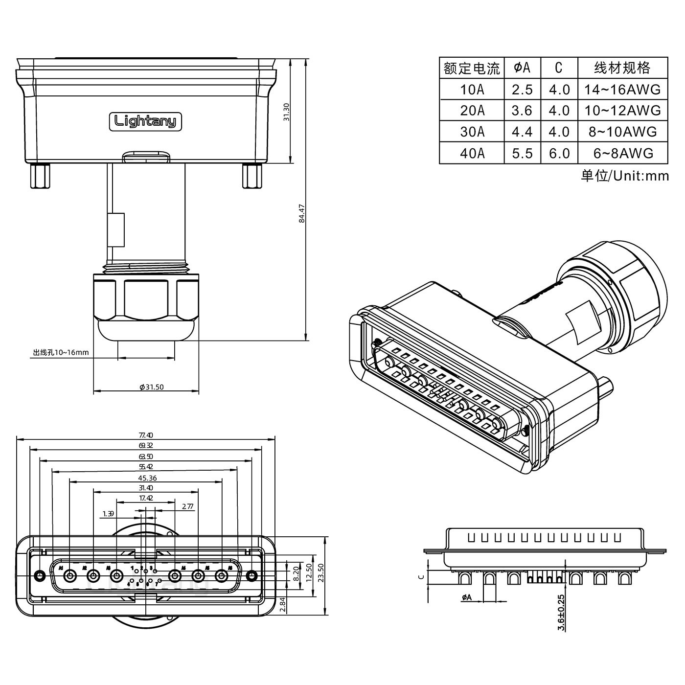 13W6A公头焊线+防水接头/线径10~16mm/大电流40A