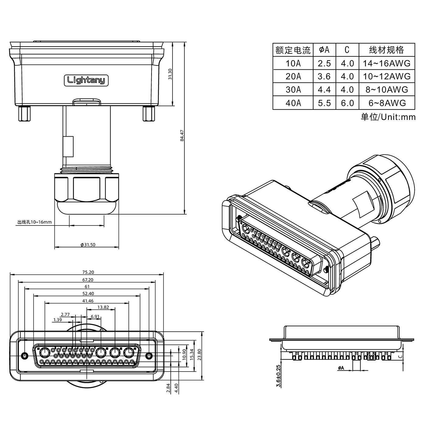 36W4母头焊线+防水接头/线径10~16mm/大电流40A