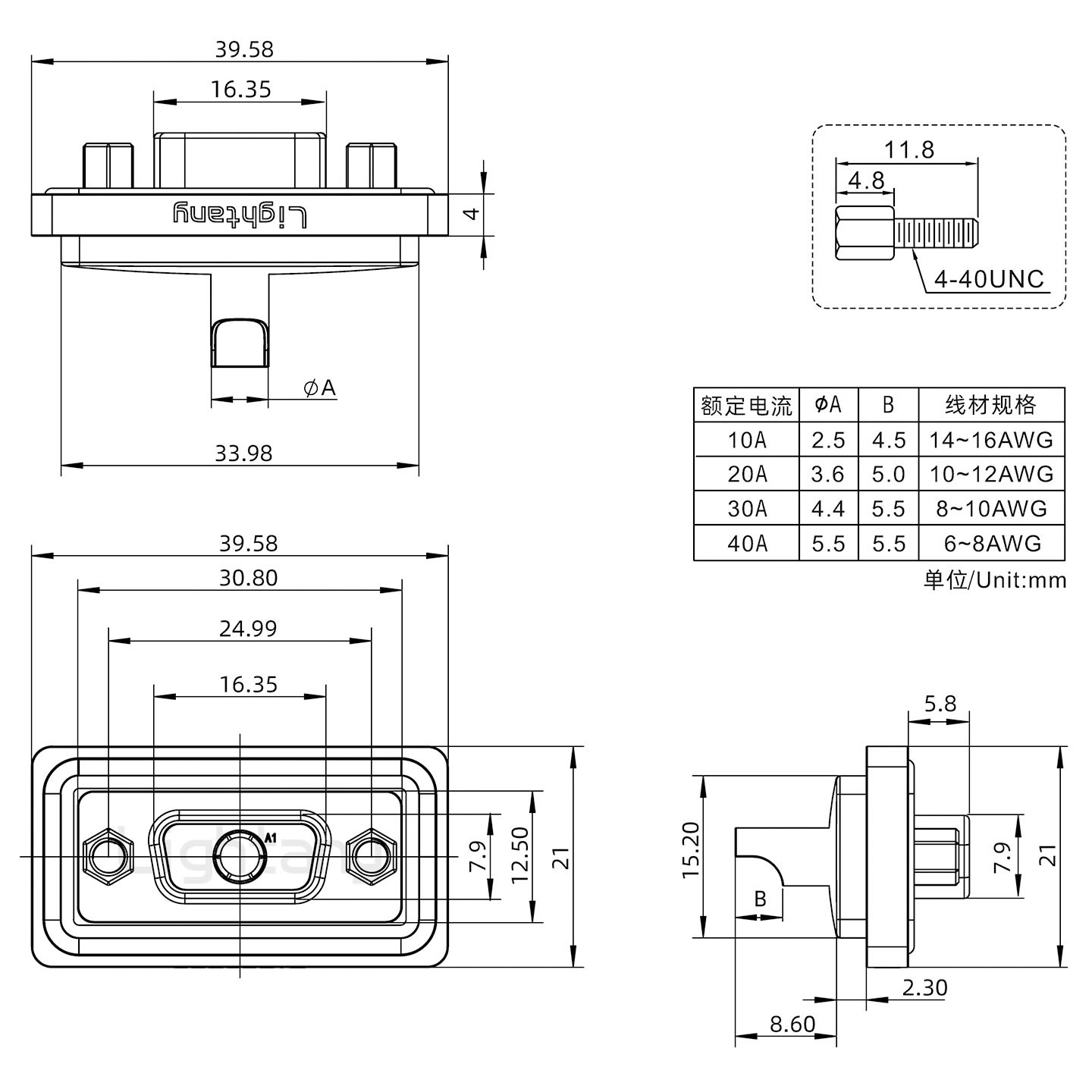 防水1W1母焊线式/锁螺丝/大电流40A