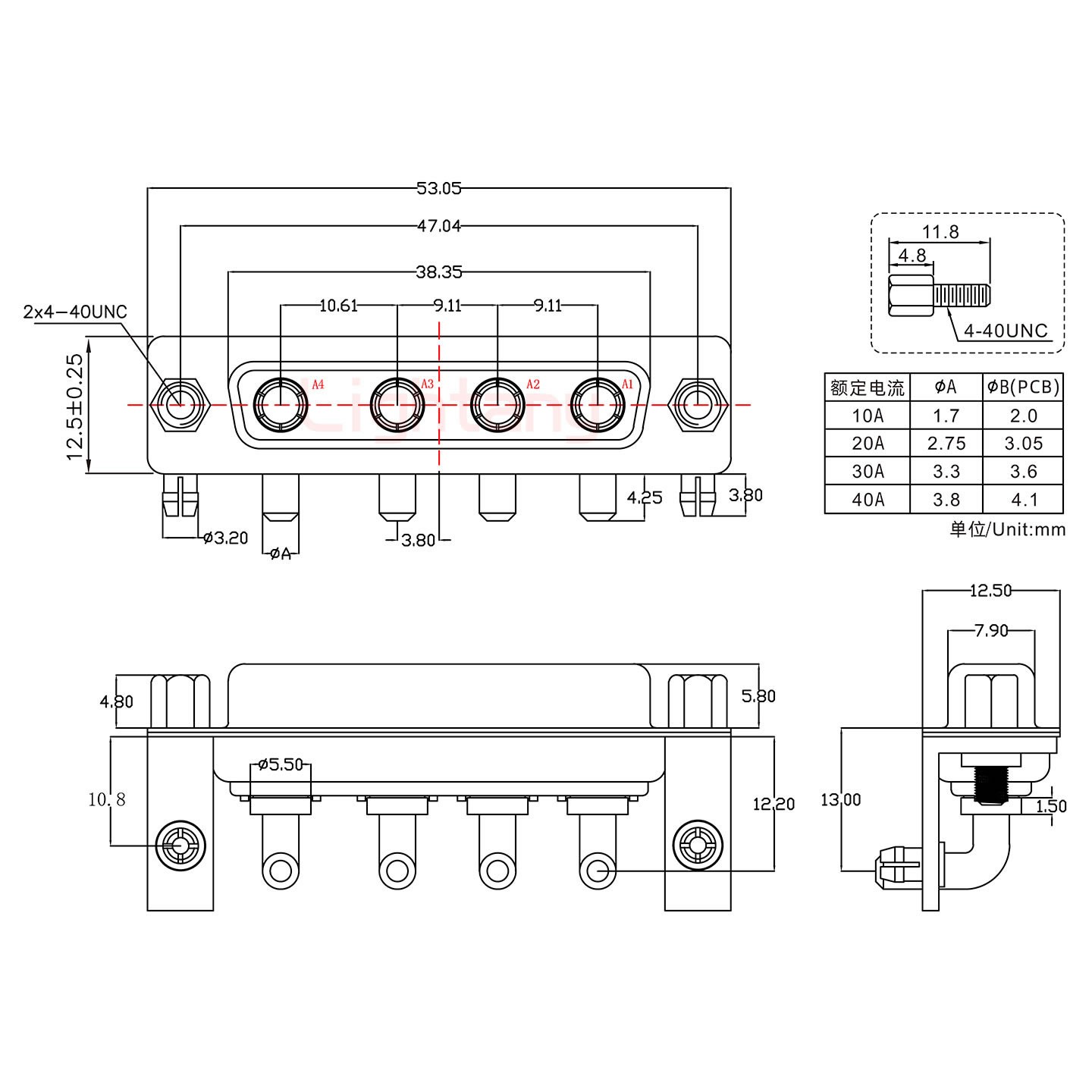 4W4母PCB弯插板/铆支架10.8/大电流40A