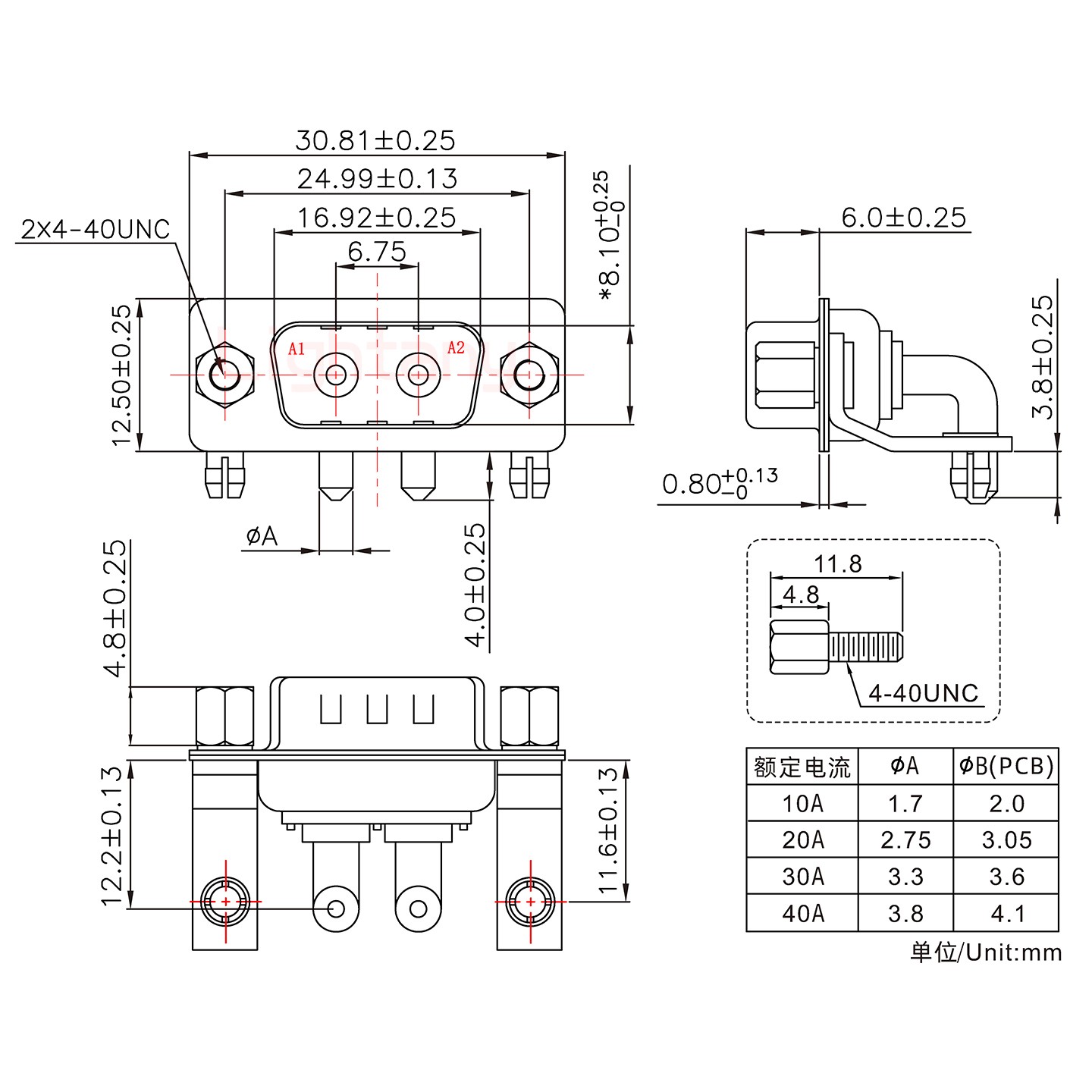 2W2公PCB弯插板/铆支架11.6/大电流30A