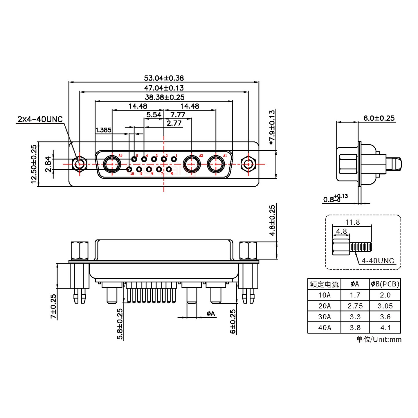 13W3母PCB直插板/铆鱼叉7.0/大电流30A