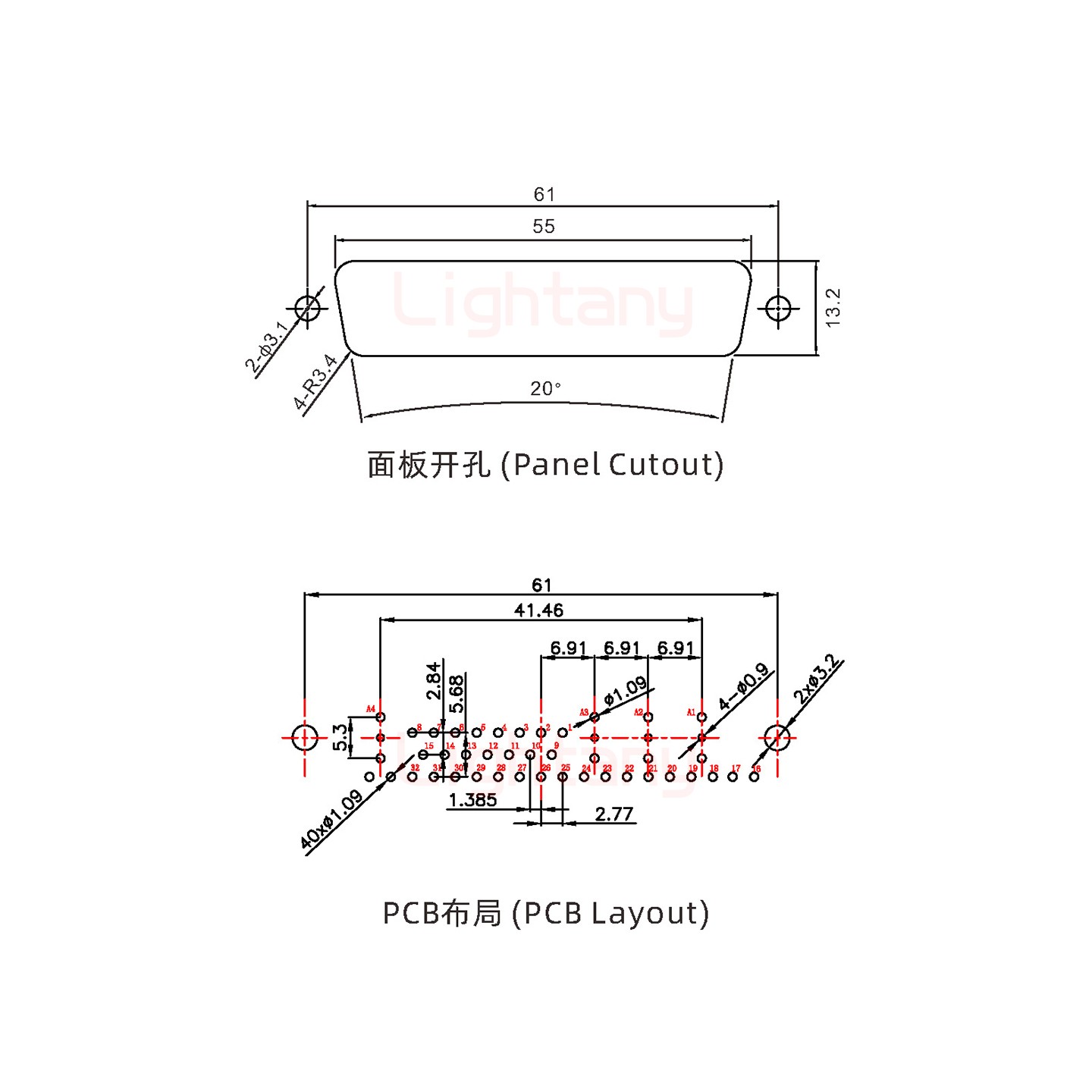 36W4母PCB直插板/铆鱼叉7.0/射频同轴50欧姆
